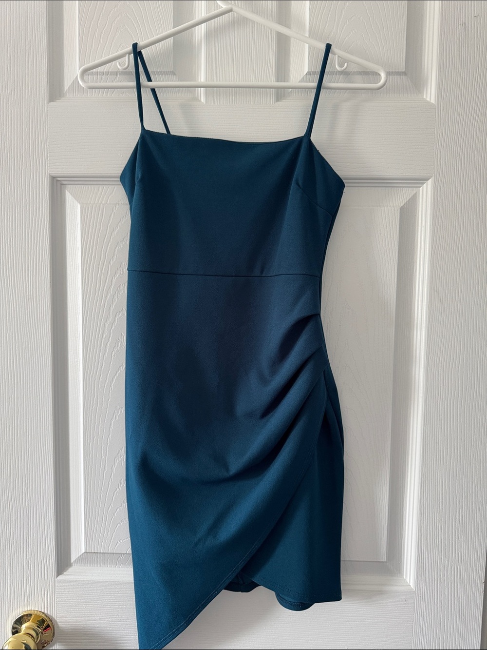 Blue Blush Teal Spaghetti Strap Ruched Wrap Mini Dress